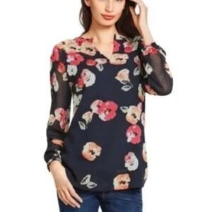 CAbi 971 Navy Blue Floral Print Long Sleeve Blouse Women's Size Medium
